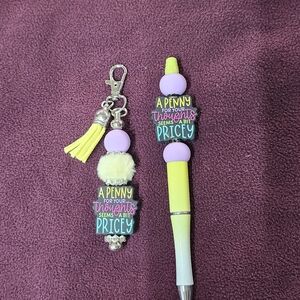 Yellow and Purple Keychain and Pen Set